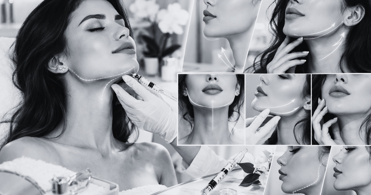 Black-and-white collage showing a woman receiving a cosmetic jawline and chin filler treatment, with a practitioner injecting along the jaw while diagram lines and arrows highlight facial contouring and lifting areas.