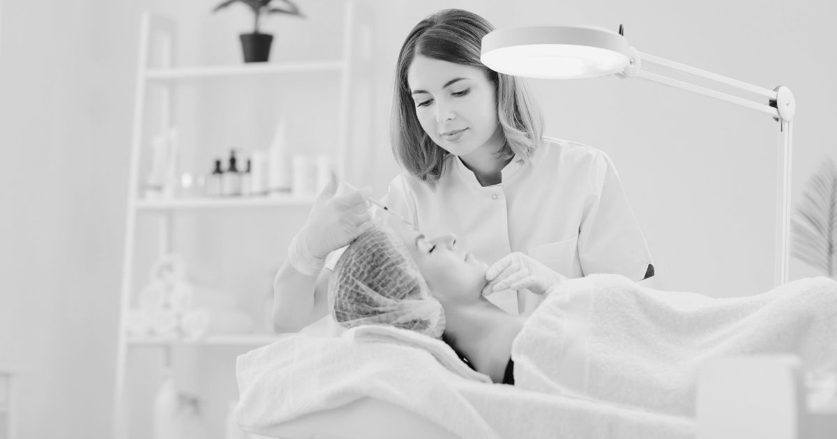 Medical professional performing a facial injectable treatment on a patient during aesthetic training.
